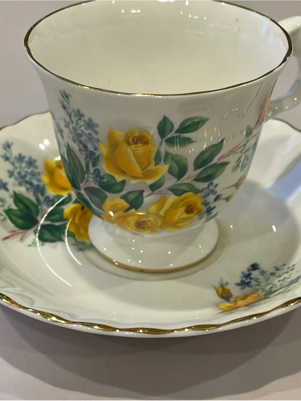 vtg Bluebird  Fine Bone China TEA CUP & SAUCER numbered FOOTED yellow roses